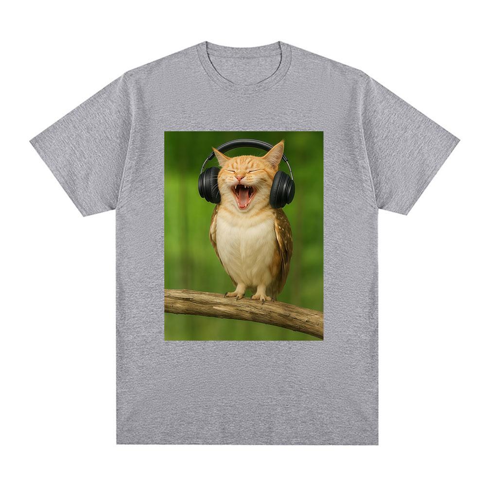 Cat Owl Headset Funny Meowl Meme Tshirts Mens Women Clothing Fashion Harajuku Short Sleeves Cotton Summer T Shirts Streetwear