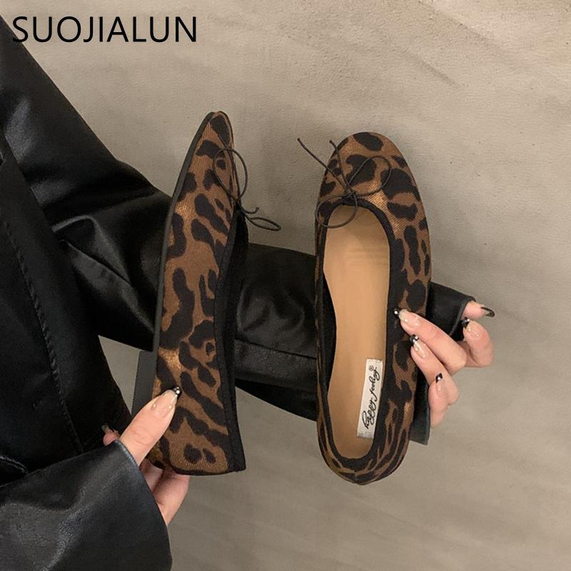 Fashion SUOJIALUN 2024 Summer New Brand Women Flat Shoes Fashion Leopard Print Ladies Elegant Shallow Slip On Soft Ballerinas Shoes