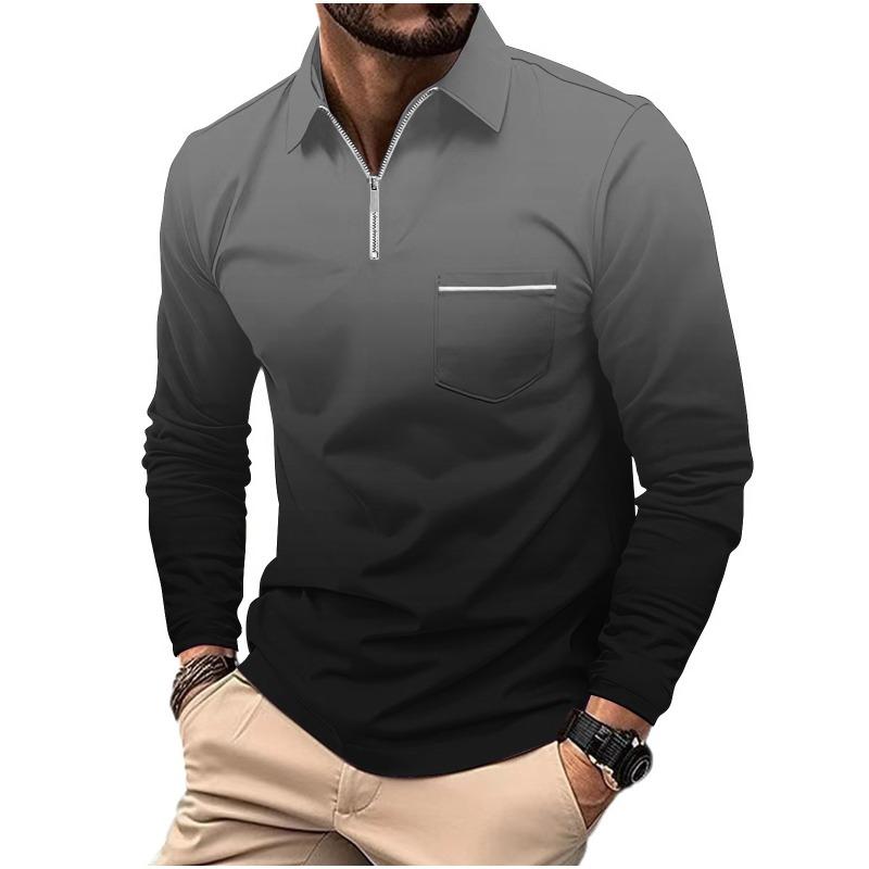 Men's Printed Polo Shirt with Zipper Pocket Sports Long Sleeved Polo Shirt