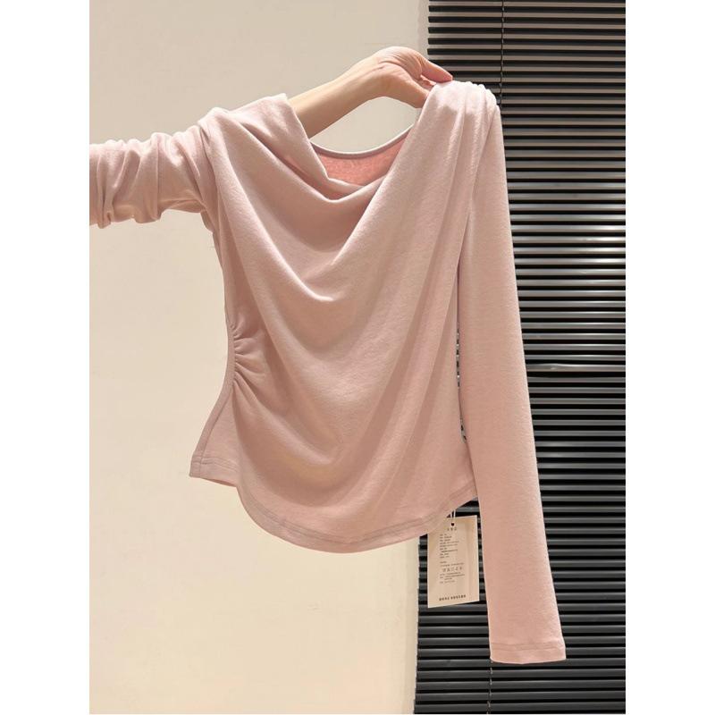 Women's Pink Asymmetrical Off-Shoulder Long-Sleeve T-Shirt - 2025 Autumn Slim-Fit
