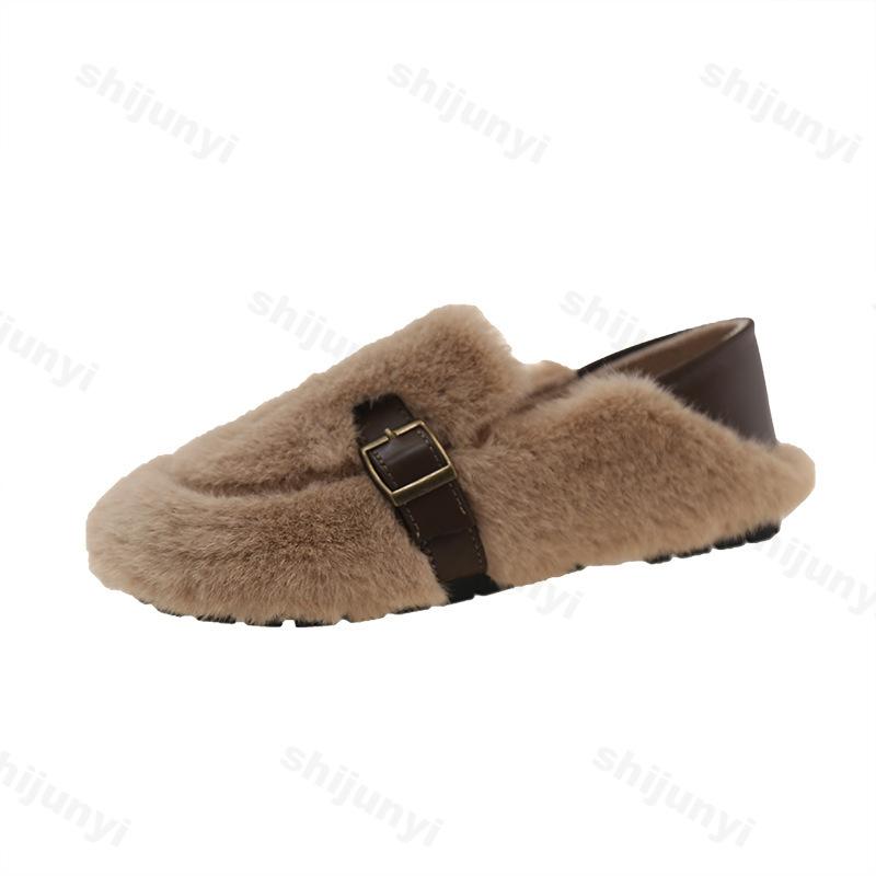 Mode Outdoor Damen Winter Baumwollschuhe 2024 Neu Damen Warme Plüsch Flauschige Pelzige Slipper Damen Slip-On Pelz Flache Schuhe Zapatos De Mujer
