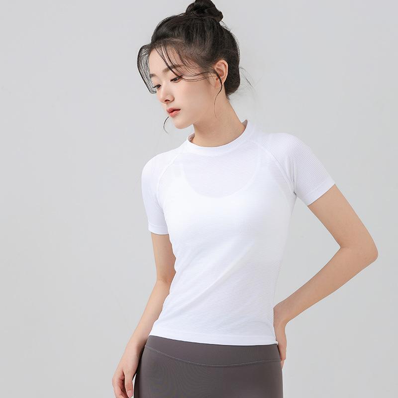 Summer outdoor yoga clothes, tight-fitting women s slim-fitting short-sleeved quick-drying shirts, sports fitness tops, slim-fitting nylon stretch S белый