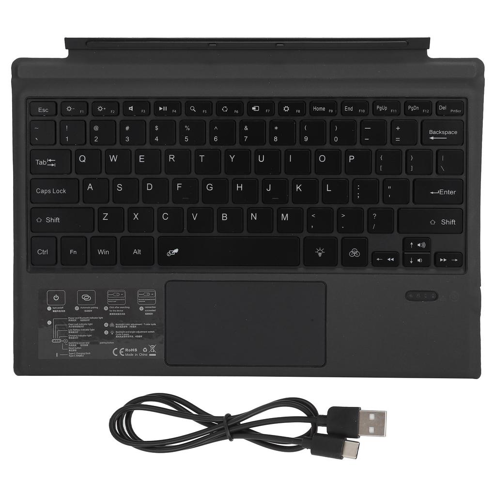 Wireless Bluetooth Keyboard Portable Detachable 7 Color LED Backlit with Toucpad 1089‑D Black