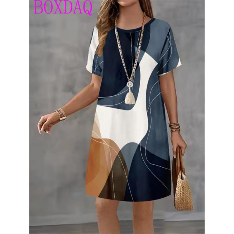 Alphabet Music Symbols Patterns Women Dress Summer Loose Casual Gradient Stripe Print Mini Dress Woman Short Sleeve A-Line Dress