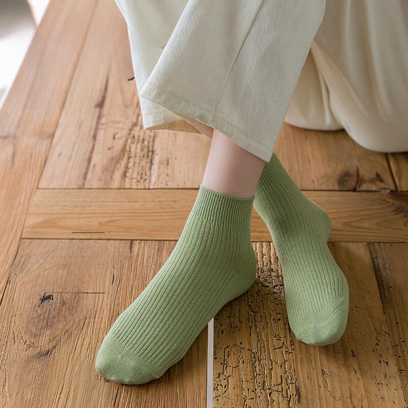 5 Pairs Women's Socks Spring Summer Pure Cotton Short Socks Solid Color Double Needle Style Fine Combing Cotton Middle Tube Socks