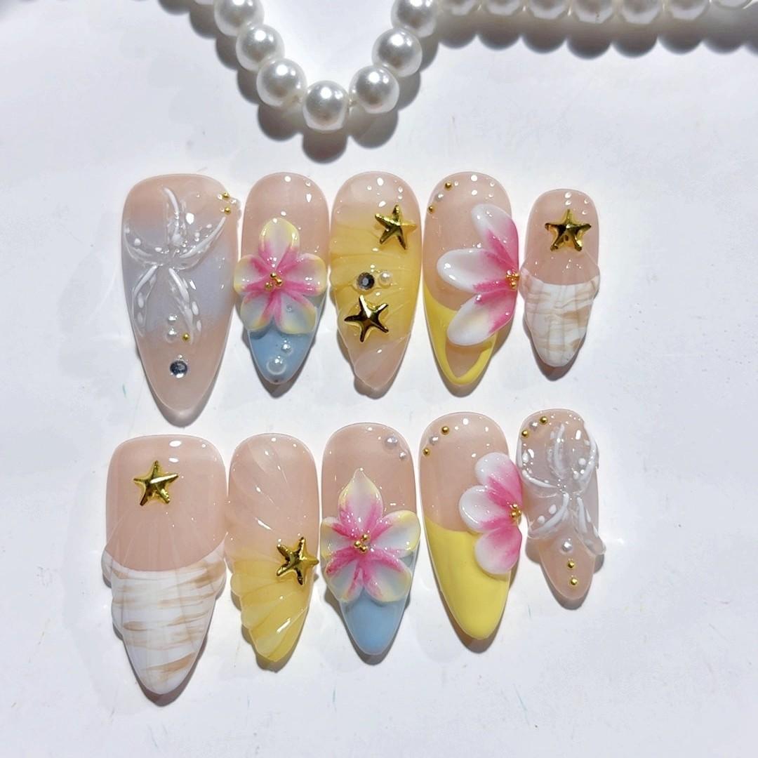 Hand-worn Nail Starfish Flower 3D Three-dimensional Engraving Wind Relief French Almond Nail XS