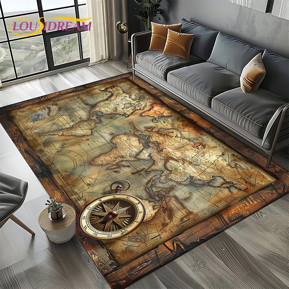 2025 Retro Ancient Nautical Chart Kraft World Map Compass Carpet Rug for Living Room Bedroom Sofa Decoration,Non-slip Floor Mat