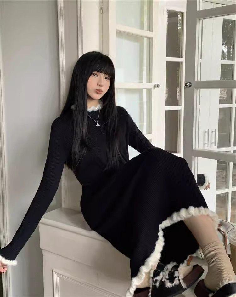 High-End Long Sleeve Knit Sweater Dress - Women's Mid-Length Casual Outerwear