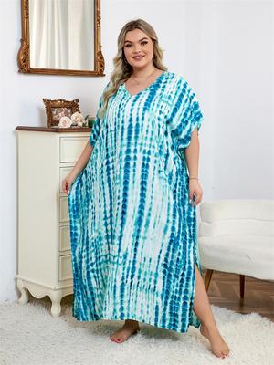2024 Boho Hellgrün Gestreift Gedruckt V-Ausschnitt Lose Kaftan Frauen Sommer Casual Plus Größe Strandkleid Urlaub Badeanzug Cover Up Q1218