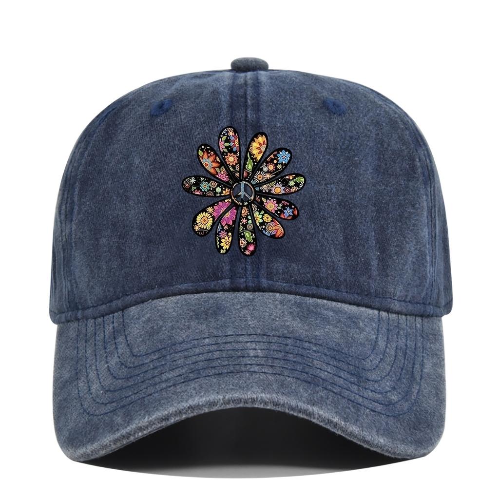 Hippie Peace Sign Flower Print Washed Denim Baseball Cap Vintage Casual Sun Hat Unisex