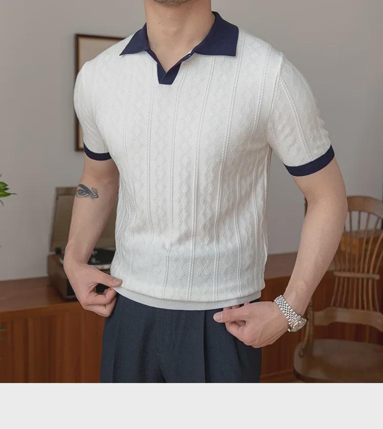 Italian Style Men's Slim Fit Polo - Summer Breathable, Trendy, V-Lapel, Jacquard Knit Short Sleeve