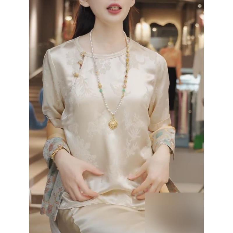 Retro flower-themed pullover round neck short-sleeved T-shirt women's summer versatile tide