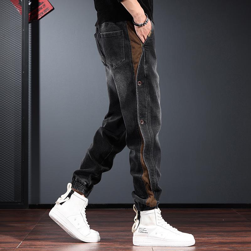 Męskie Grube Jeansy Robocze Patchworkowe - Luźne, Zakończone Ściągaczem, Modna Marka Streetwear, Spodnie Haremki