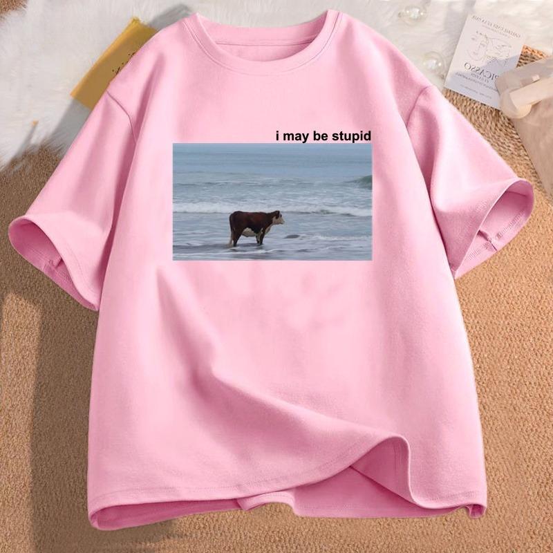 Ich bin vielleicht eine dumme Kuh am Strand Lustiges Meme T-Shirt Baumwolle Kurzarm Damenmode Rundhals-T-Shirt Lässiges Gemütliches Baumwoll-T-Shirt
