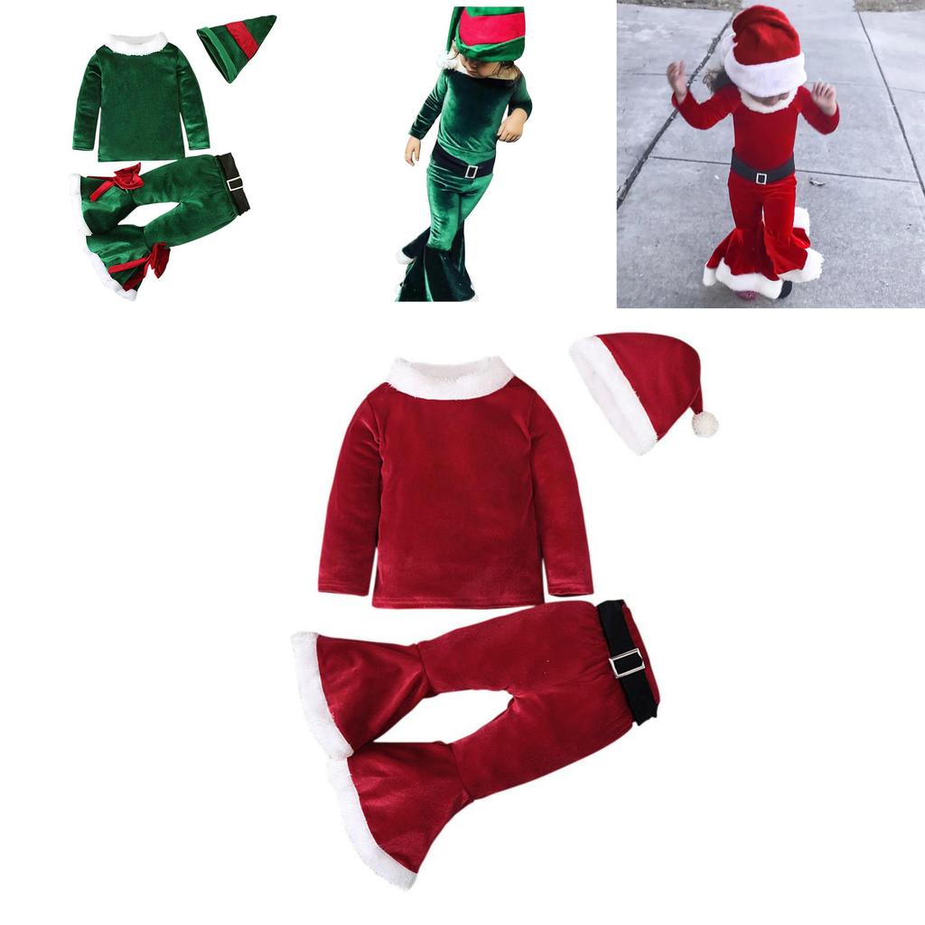 Festive Christmas Kids Girls Plush Flared Pants Suit With Santa Hat Tree Hat