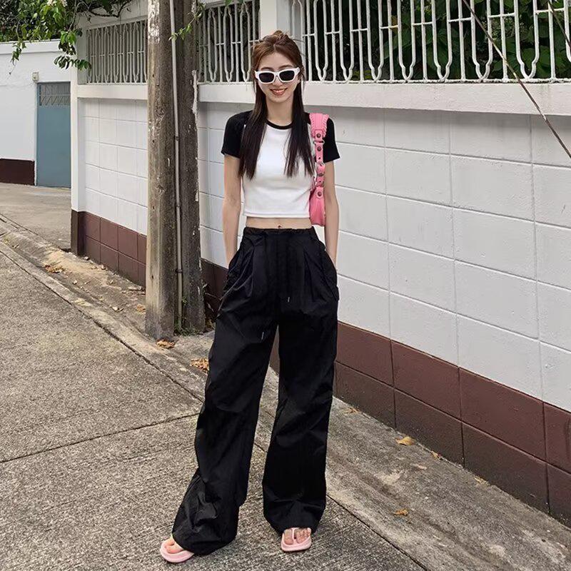 

Women s High-Waisted Parachute Cargo Pants - Lightweight, Quick-Drying, Wide-Leg Casual Sportswear for Spring/Summer. XL чорний