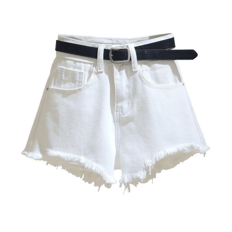 Women's 2025 Summer White High-Waisted Frayed Hem Denim Shorts - Loose, Slimming, Trendy Wide-Leg Hot Pants