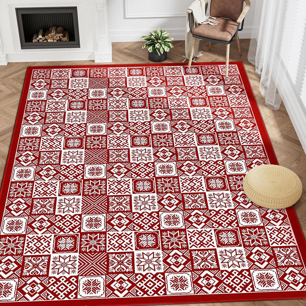 Weihnachts-Bereichsteppich Rot Schneeflocke Wohnzimmer Schlafzimmer Teppich Waschbarer Rutschfester Teppich für Küche Eingangsbereich Matte Badezimmer Heimdeko