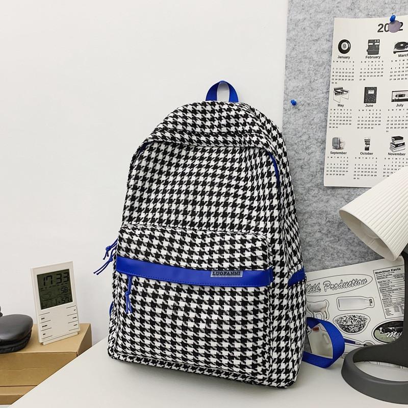 

Stylish Plaid Backpack For Girls Trendy Canvas School Bag With Soft Handles Blue