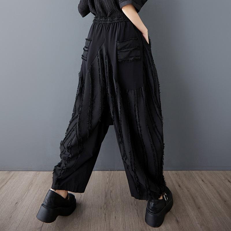 Plus Size Black Vintage Stripe Patchwork High Waist Casual Loose Summer Harem Pants Women Trousers