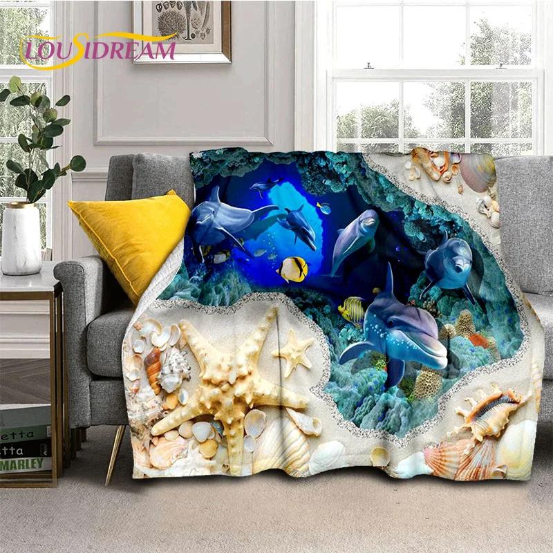 Underwater World 3D Illusion Seabed Cartoon Shark Dolphin Blanket,Soft Throw Blanket for Home Bedroom Bed Sofa Travel Cover Kids
