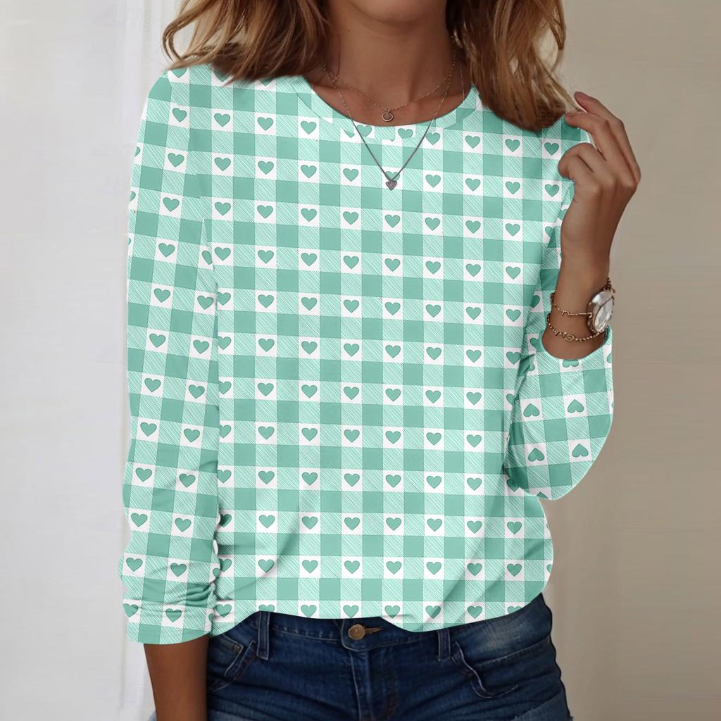 Damska codzienna bluzka z długim rękawem z nadrukiem walentynkowym i okrągłym dekoltem