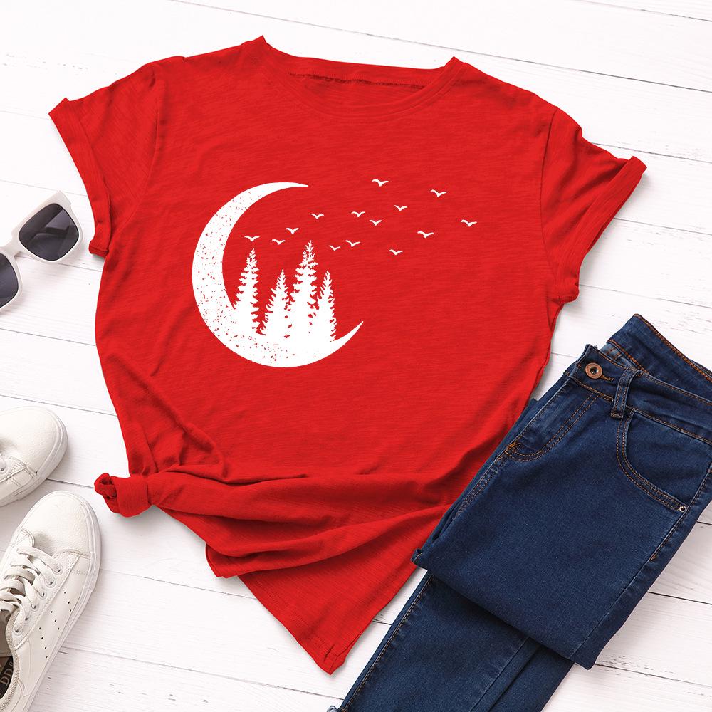 Starry Sky Moon Forest Pattern Cotton Loose Round Neck Short Sleeve Women's T-shirts