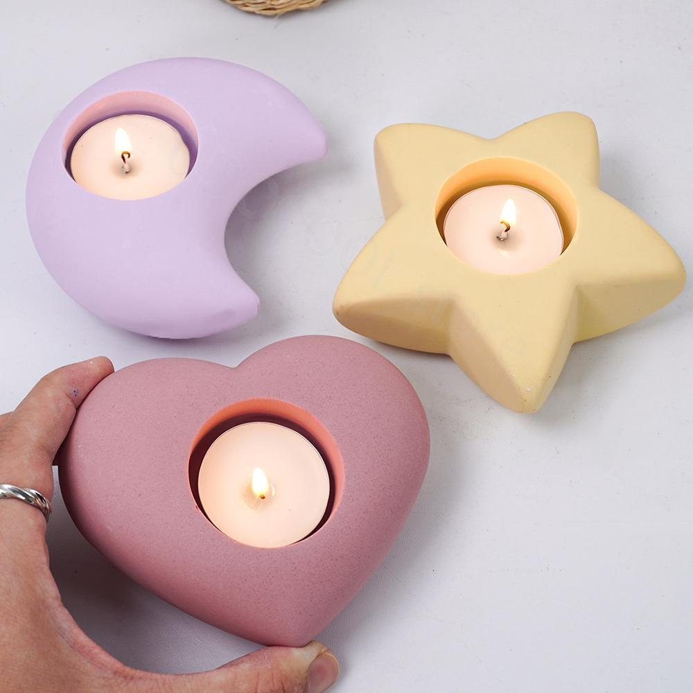 3D Candlestick Concrete Silicone Mold Star Moon Heart Shape Candle Holder Ornaments Cement Plaster Resin Craft Mould Home Decor