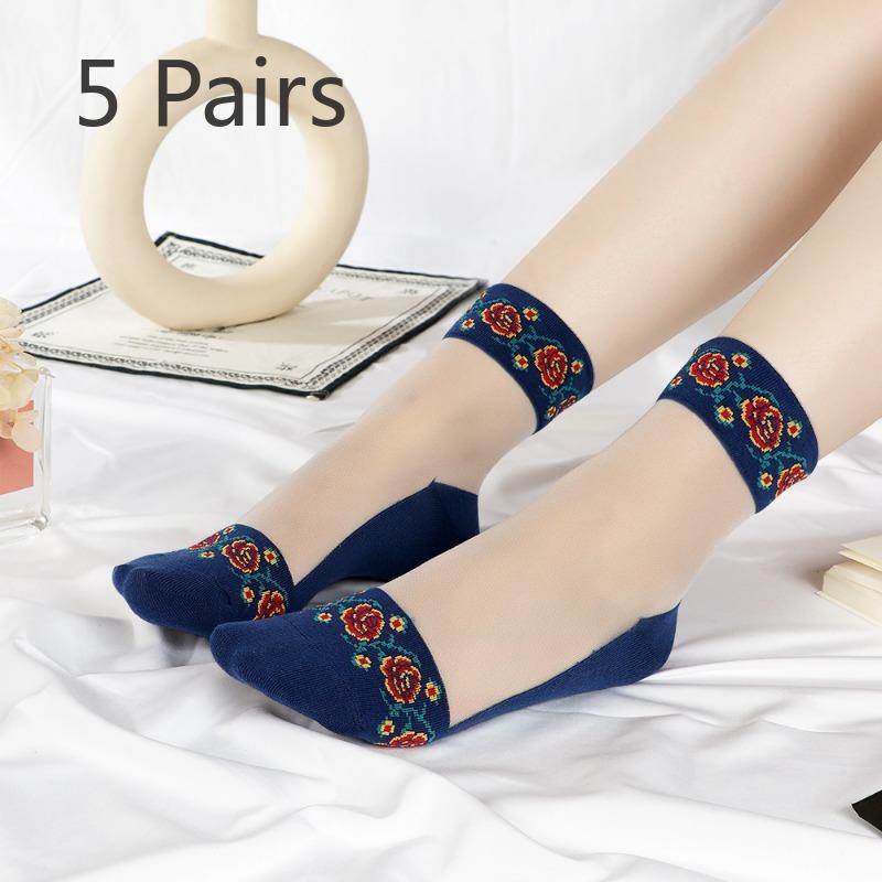 5 Pairs Women's Spring and Summer Thin Retro Anti Skid Crystal Cotton Bottom Medium Tube Ice Stockings