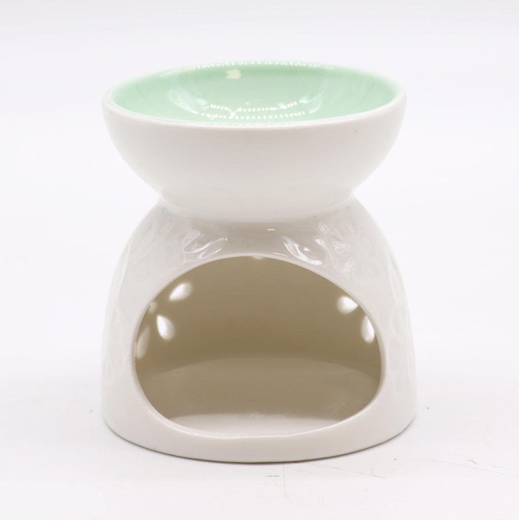White Ceramic Oil Burner - Floral Teal Well