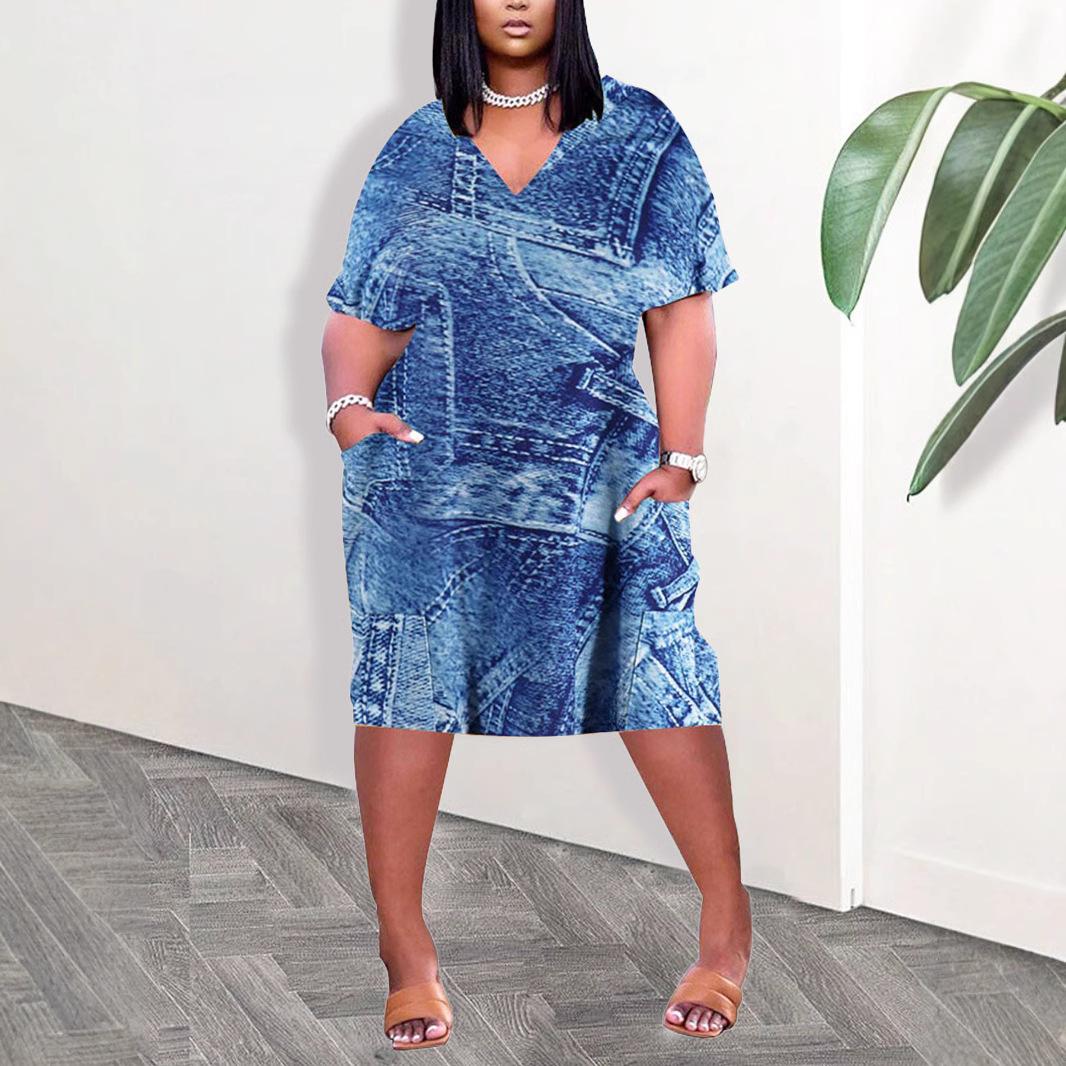 

Classic French V-neck Slim Denim Dress for Women Plus Size L