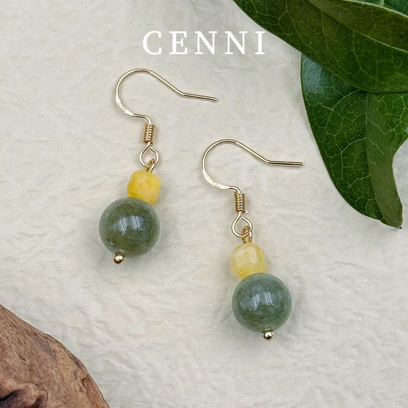 Handmade Yellow-Green Stone Tassel Earrings in 925 Silver, Mori Style