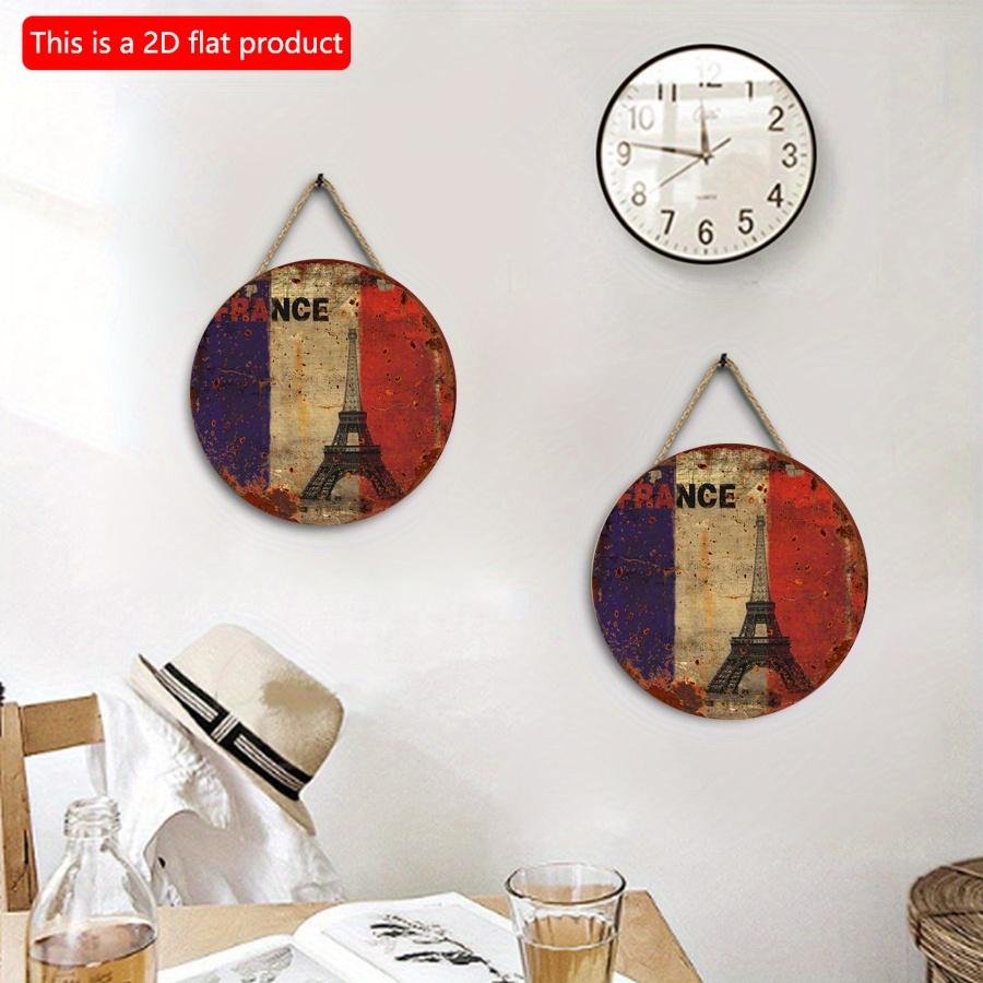 2D flat 20*20cm 1pc French flag&Eiffel Tower print round hanging wood board, Imitation of vintage paint-off style French Home Meditation Room&Housewar