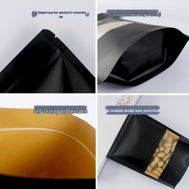 Black Frosted Stand-Up Kraft Paper Bag with Window - Self-Sealing Food Packaging for Tea and Snacks