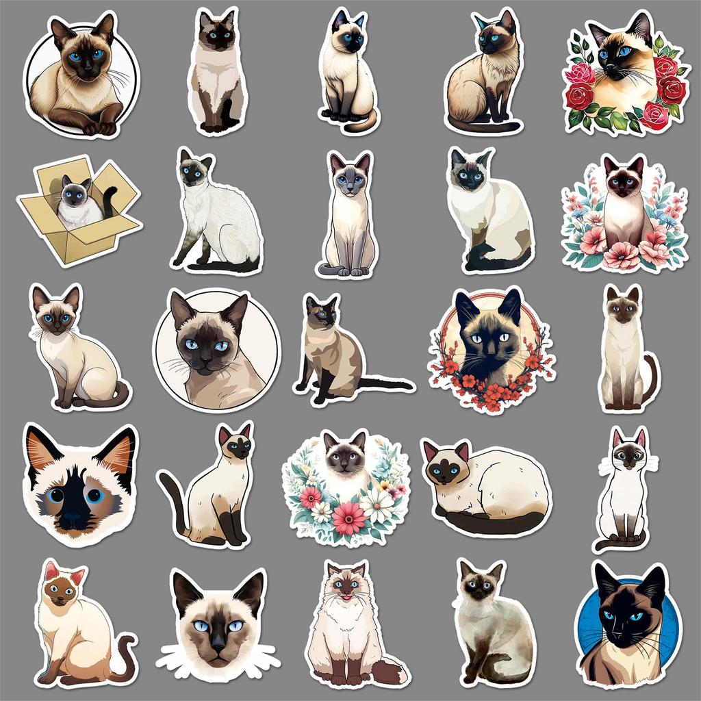 50 Cute Siamese Cat Stickers: Waterproof, Cartoon Pet Decorations for Cups and Journals