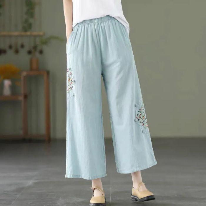 

Spring/Summer Plus Size Loose Cotton Linen Embroidered Retro Wide-Leg Pants 3XL