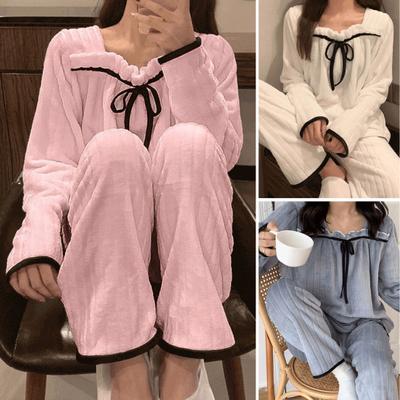 Σετ νυχτικών Αντίθεση χρώματος Keep Warm Σετ δύο τεμαχίων Χοντρό πουλόβερ Γυναικείο σετ νυχτικών για το σπίτι