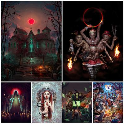 Bonfire-pintura al óleo de arte nocturno de terror, carteles e impresiones artísticos de película de terror, arte de pared nocturno mágico de bruja, decoración del hogar