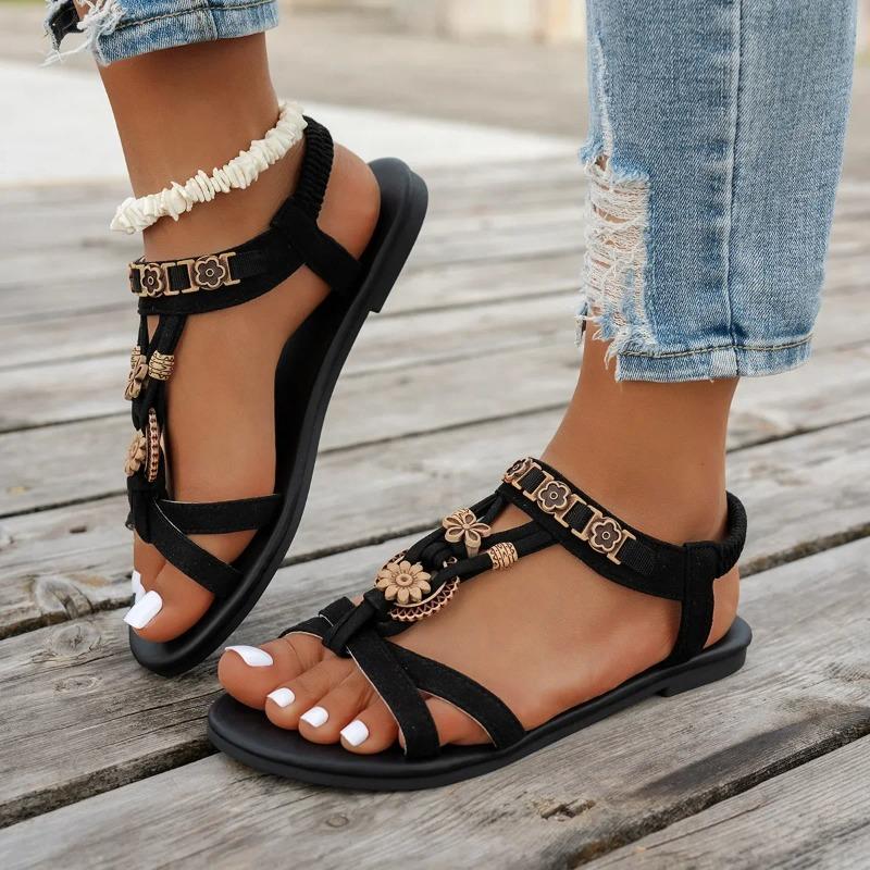 Flower Beaded Bohemian Sandals for Women Summer 2025 Roman Style Comfortable Flat Sandals Woman Lightweight Non Slip Beach Shoes