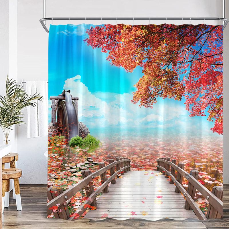 Autumn Landscape Shower Curtains Red Maple Trees Pavilion Arch Bridge Park Nature Scenery Home Bathroom Decor Bath Curtain Set