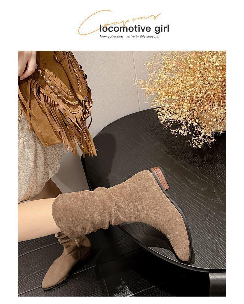 Women's 2025 French Retro Pointed Toe Mid-Calf Boots - Autumn/Winter Soft Suede Leather, Chunky Heel, Non-Slip