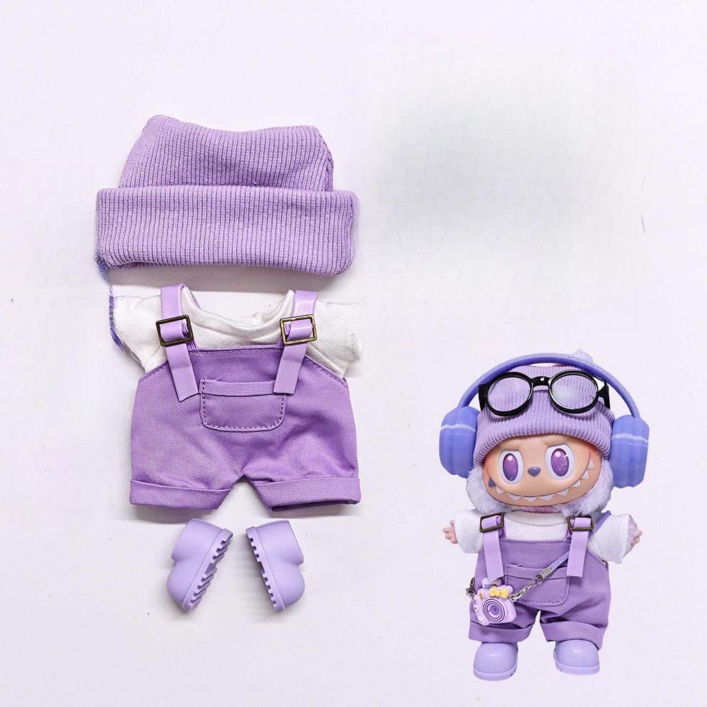 Labubu Doll Fashion Set: Purple Pink Overalls, Knitted Hat & Headphones for 1st, 2nd, 3rd Gen