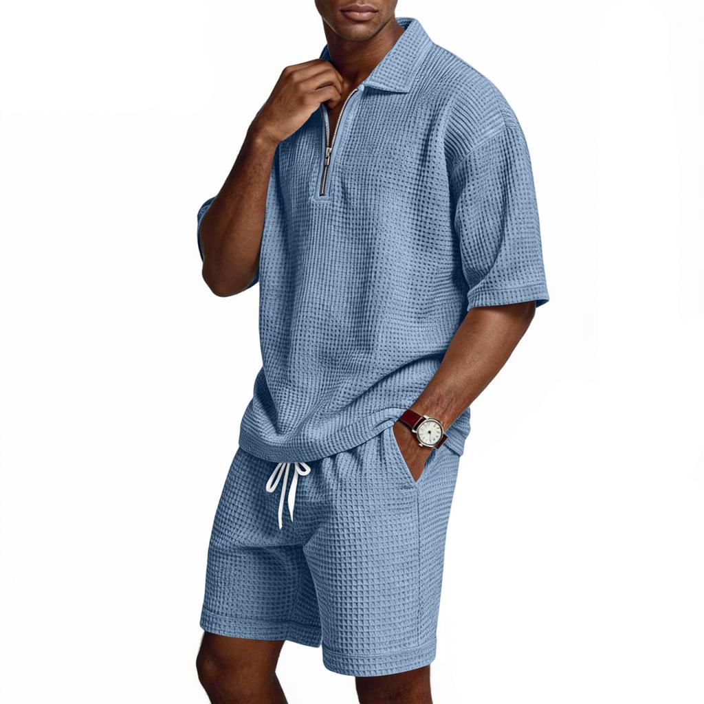 Men's Summer -color Quarter-zip Casual Loose Short-sleeved Short Pants Set