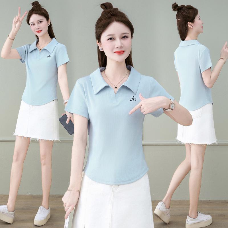 

Versatile Plain Color Embroidered Collar Slim Fit Summer T-shirt 2XL світло-синій колір