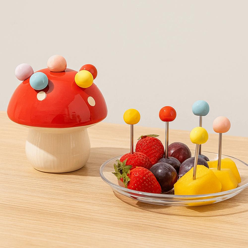 Creative Mushroom Fruit Fork Anti-scald Cute Toothpick with Holder  Household