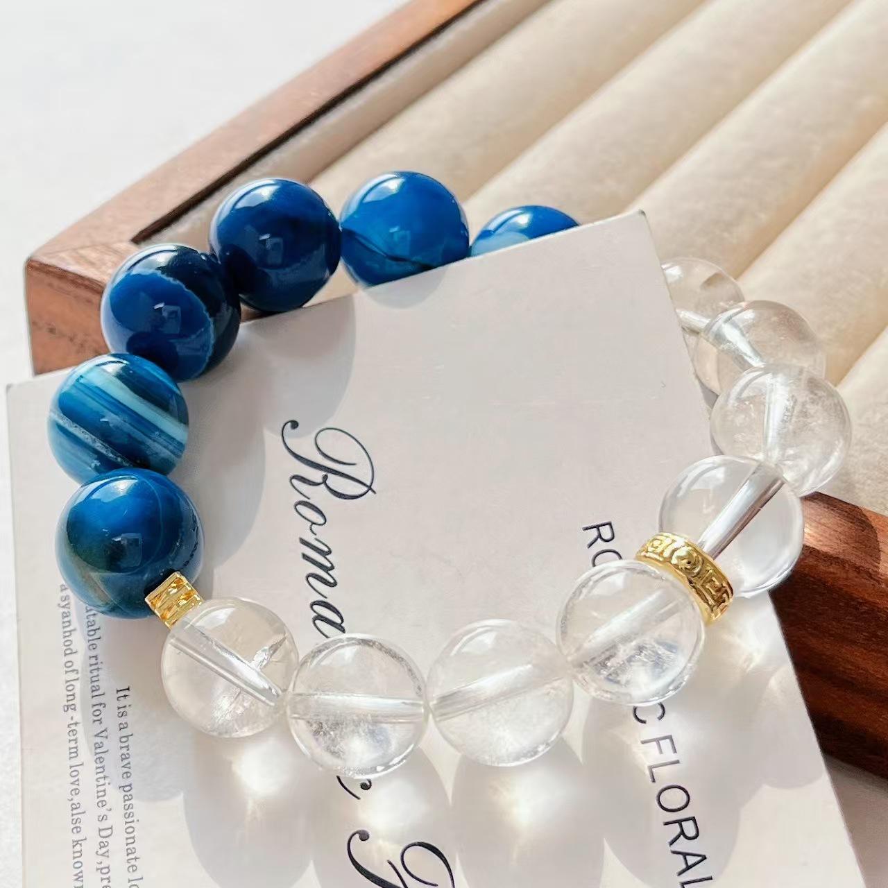 Large Particle Design Sense Natural Blue Agate White Crystal Contrasting Color Bracelet Bracelet Bracelet