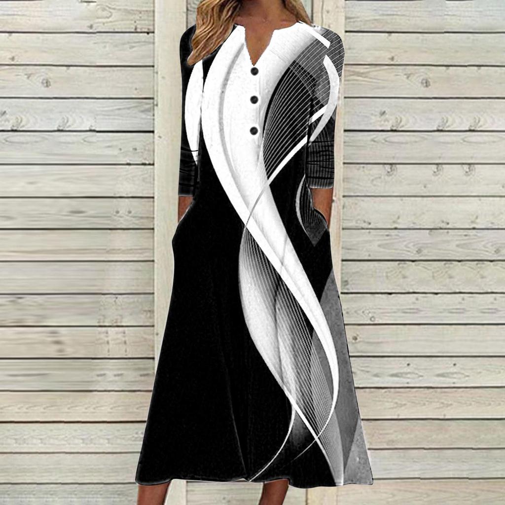 2023 Autumn Women Printed Maxi Dress Long Sleeve Open Chest Skirt Fashion Trendy