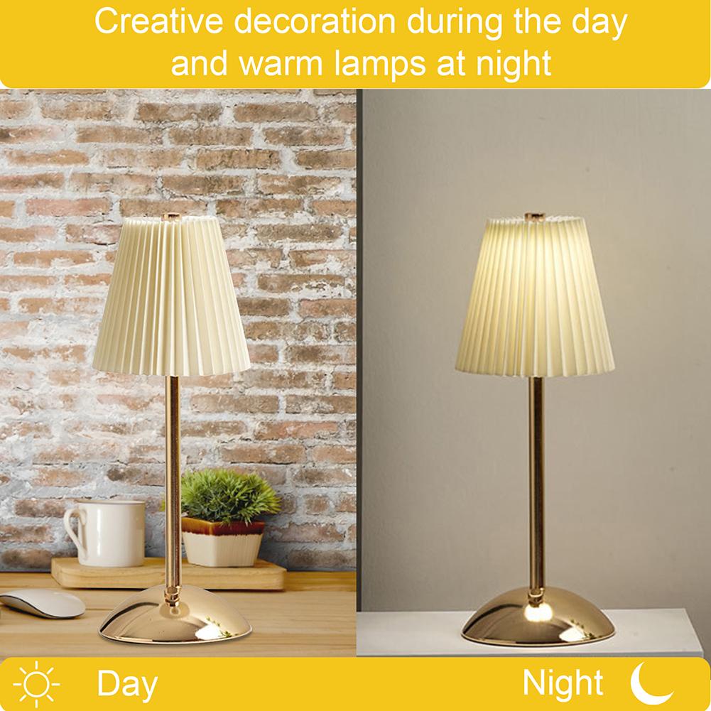 Pleated Shade Nightstand Lamp Soft Light Decorative Light with Metal Base Rechargeable for Living Room Bedroom