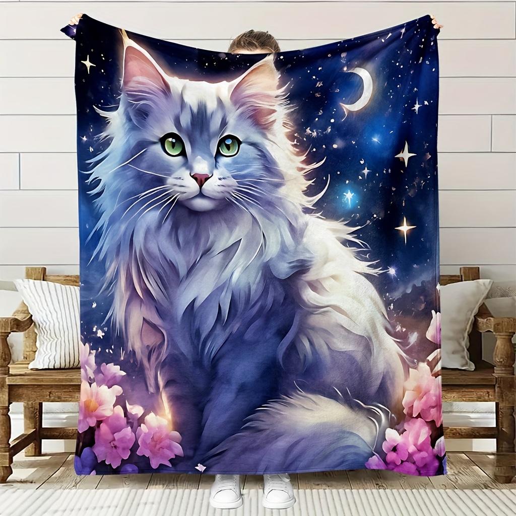 1pc Soft Flannel Cat & Starry Night Blanket - All-Season Cozy Bedspread with Fluffy Tabby Cat, Celestial Design Moon, Stars 130x150cm51x59in