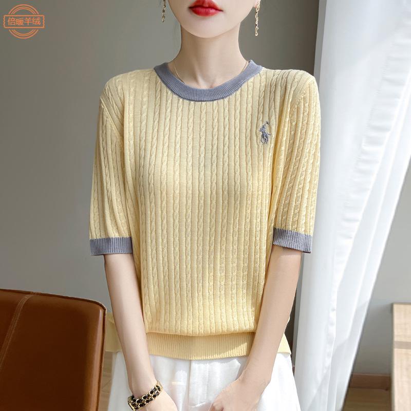 

Round Neck Embroidered Short Sleeve Women s Lyocell Tencel Knit T-Shirt M